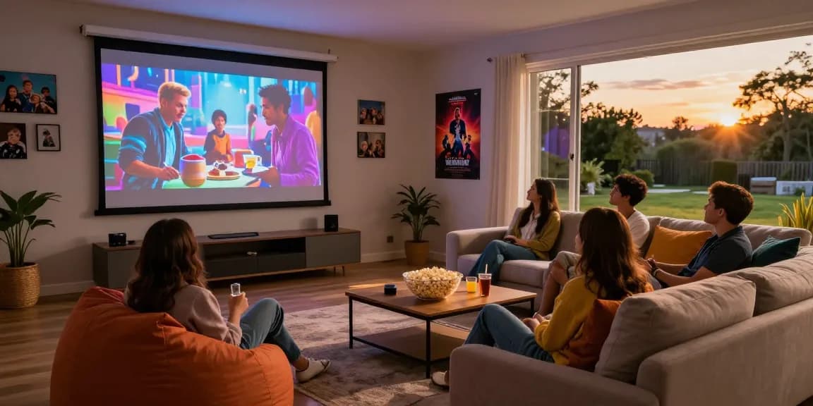 Enjoy a movie night with the best projector 2026 in a cozy home theater setup.