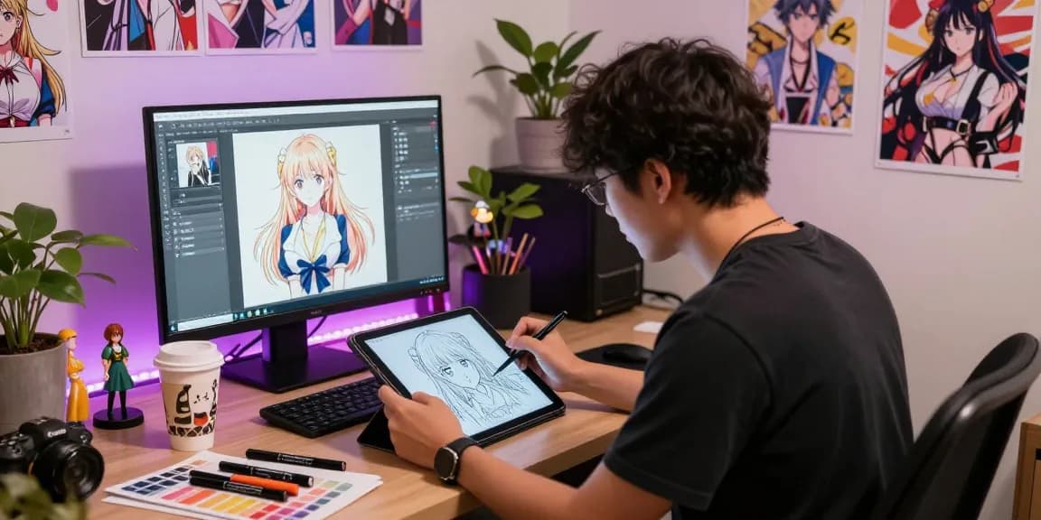 Artist illustrating ecchi ai character in colorful studio filled with art supplies and anime decor