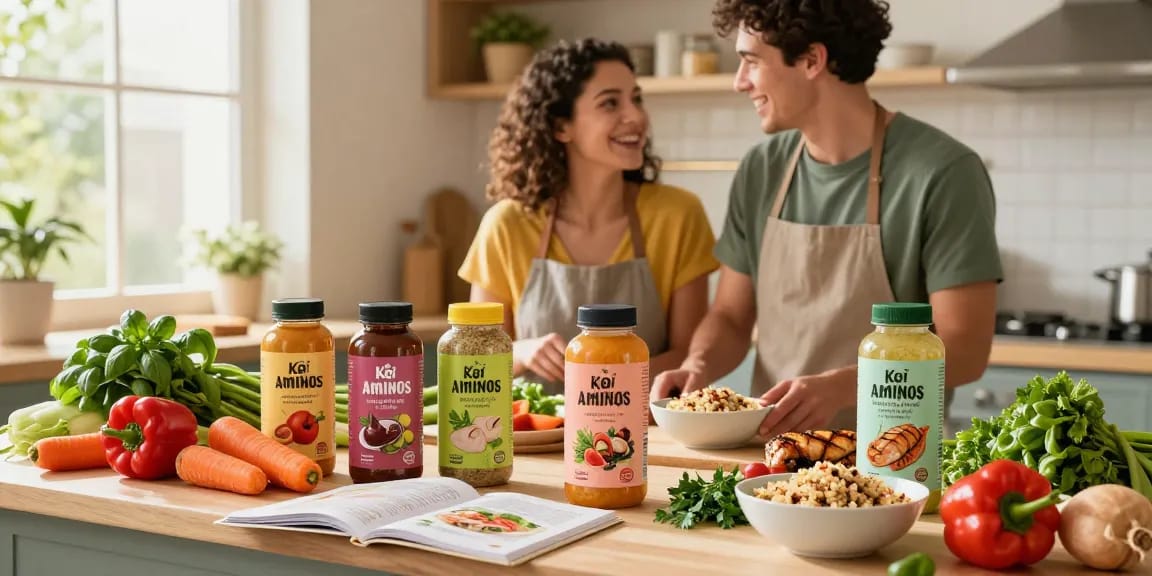 Couple using Koi Aminos products to prepare a healthy meal in a vibrant kitchen.
