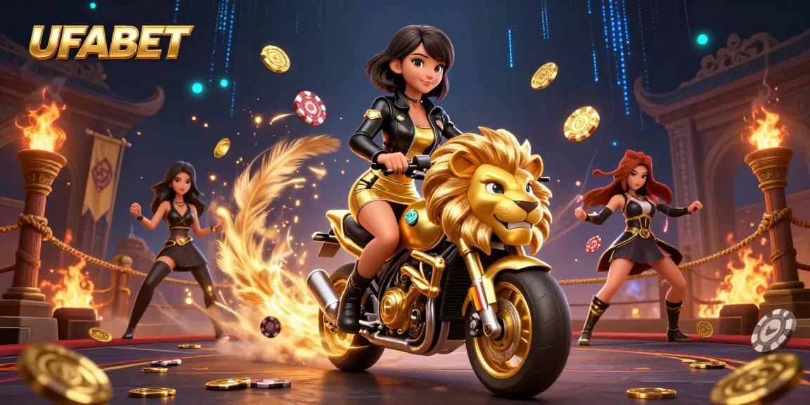 Enjoy thrilling action with UFABET as a glamorous Asian woman rides a golden lion, surrounded by casino elements.