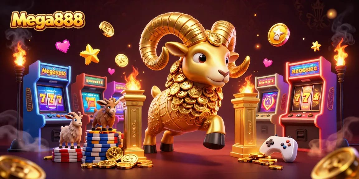 Experience the excitement of mega888 with golden ram charging through colorful slots and arcade elements.