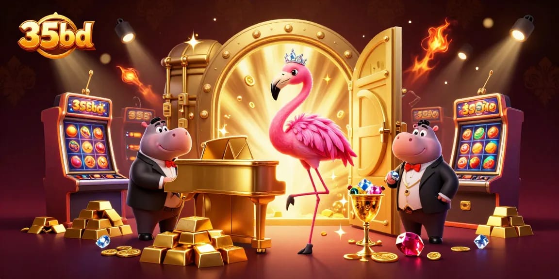 Experience the thrills of 35bd with a vibrant casino scene featuring lounge musicians and sparkling treasures.