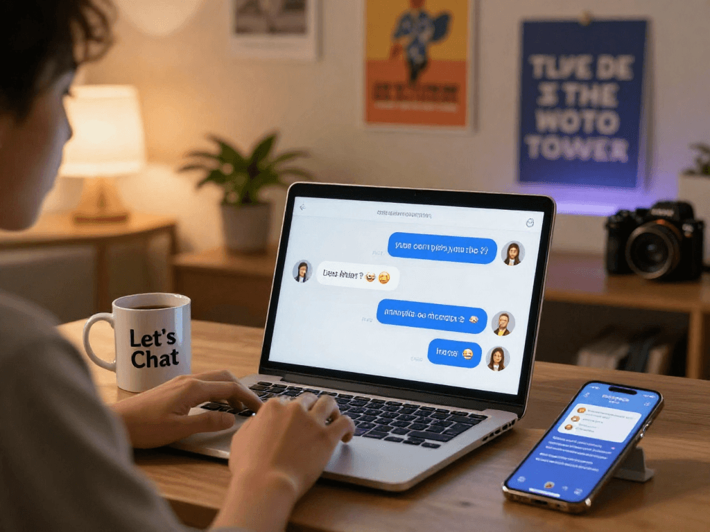 Engaging user interacting with sex chat ai on a laptop in a cozy setting.