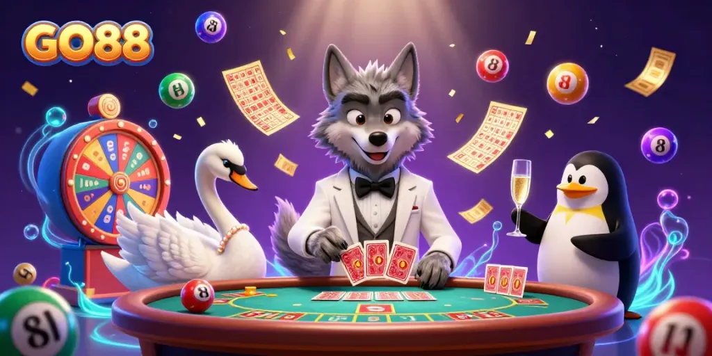 Experience exciting gameplay at GO88 with a debonair wolf, elegant swan, and sophisticated penguin amidst a vibrant casino atmosphere.