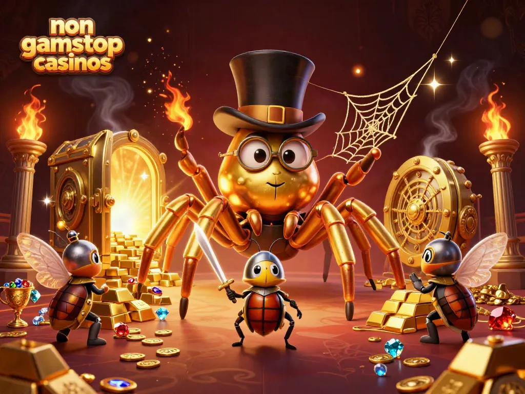 Engage with non gamstop casinos showcasing a vibrant 3D scene of a golden tarantula and beetle knight amidst treasures.