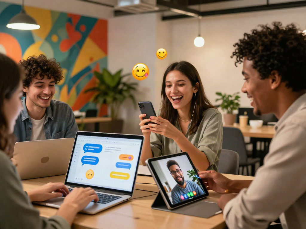 Diverse individuals engaged in spicy chat conversations, showcasing dynamic digital interactions in a modern workspace.