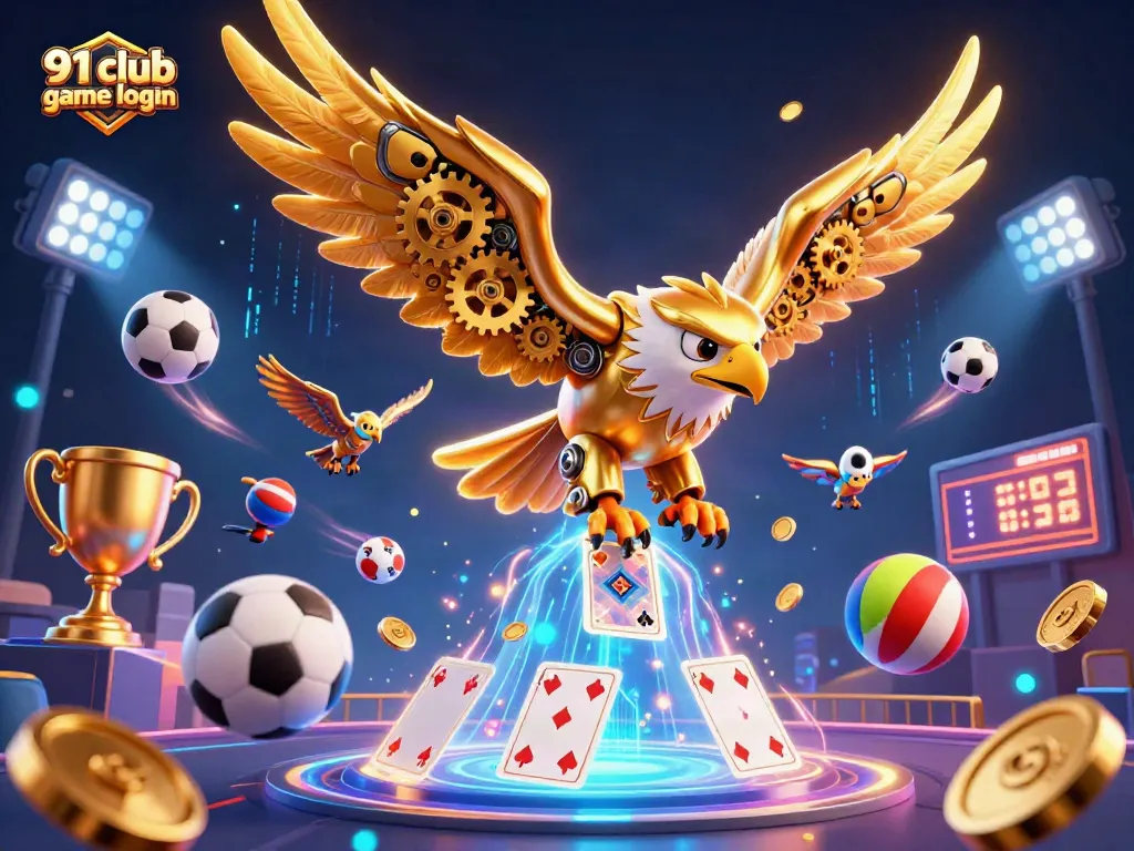 Engage with the thrilling 91 club game login experience featuring an eagle diving through casino elements.