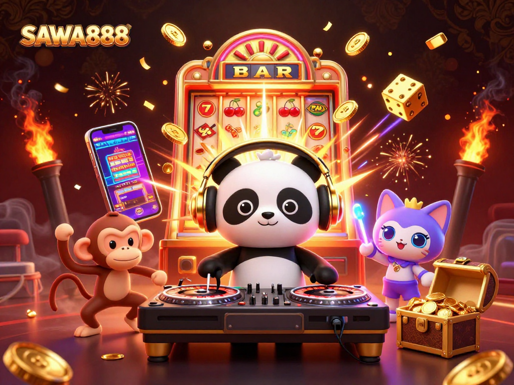 SAWA888 celebrates with a DJ panda and breakdancing monkey amidst bursting jackpots and lively casino elements.