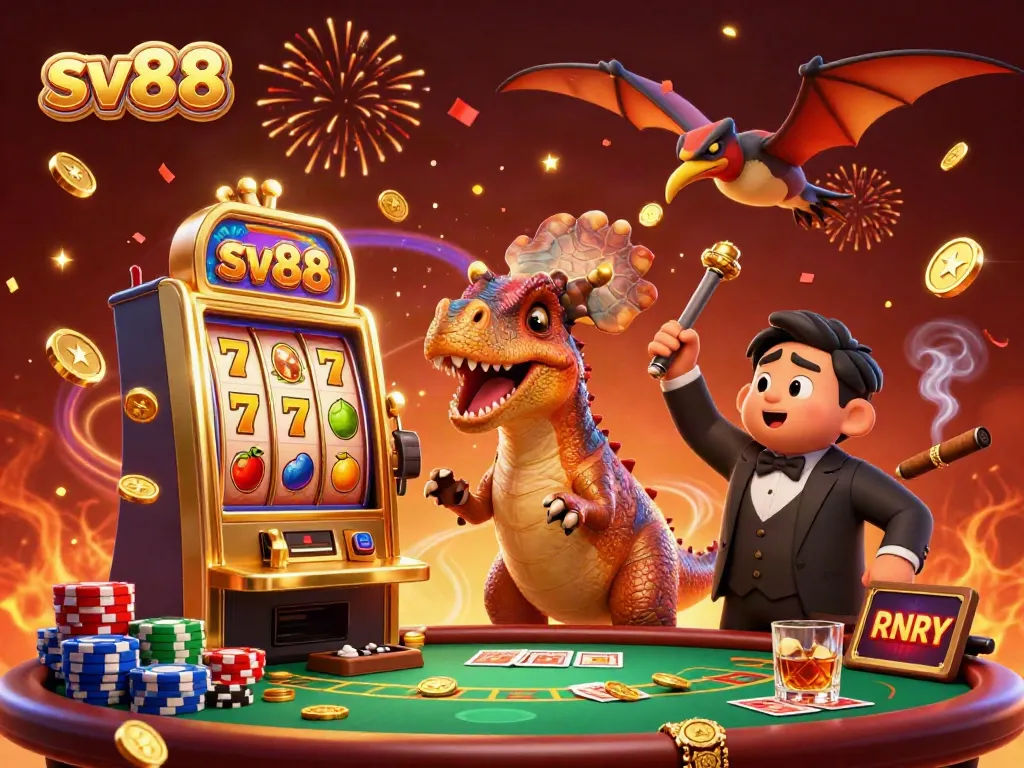 Experience the thrill of sv88 as pachycephalosaurus wins coins from a slot machine, surrounded by vibrant casino elements.