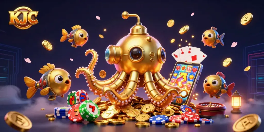 KJC gaming action captured through a vibrant 3D kraken submarine illustration featuring colorful slots and golden coins.