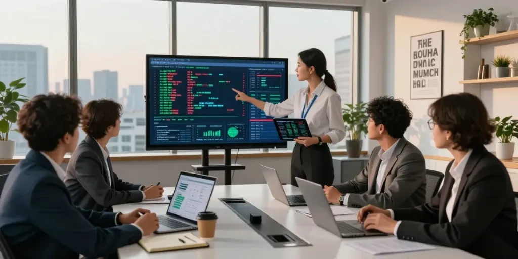 Team collaborating in a modern office analyzing blockchain investigation data on a large screen, highlighting teamwork and strategy.
