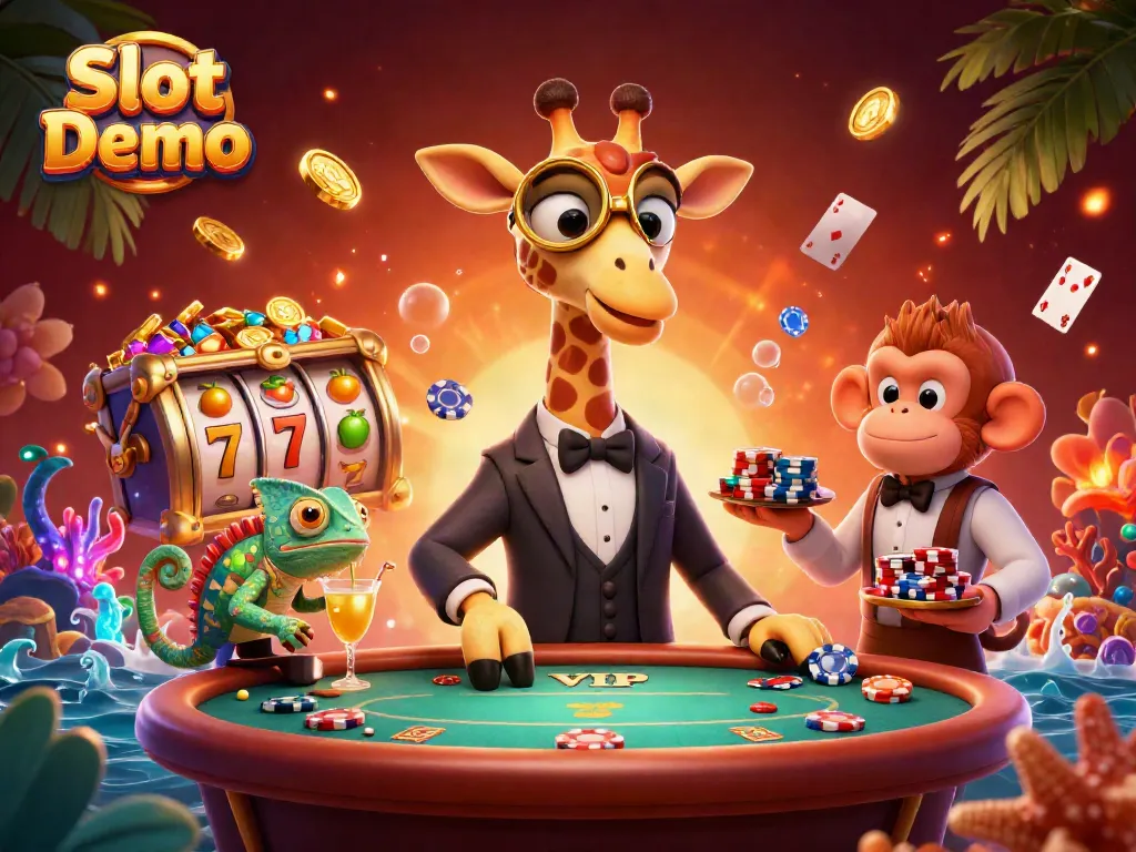 Spin the Slot Demo reels with a lively giraffe and monkey duo in an engaging casino scene.