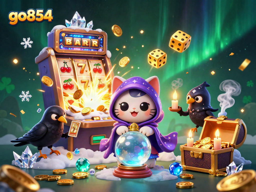 Experience thrilling wins at go854 with vibrant slot gaming and mystical creatures in this energetic casino scene.