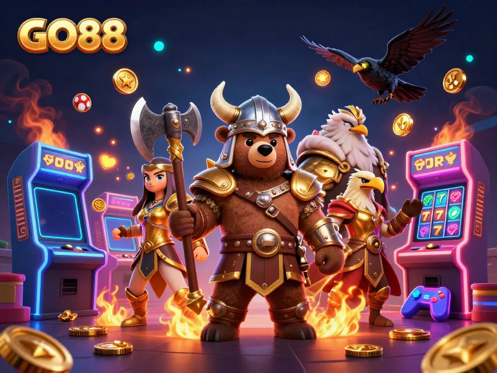 Engage with the thrilling casino experience of GO88, where a Viking bear battles alongside a Valkyrie eagle amidst vibrant gaming elements.