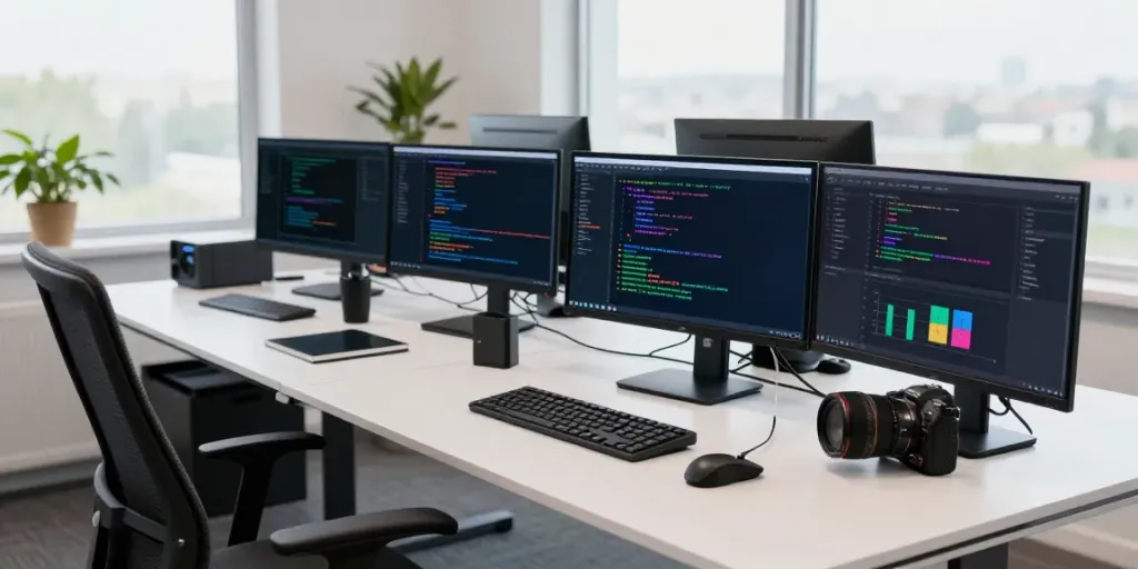 Programmer utilizing instant indexing tools in a modern tech workspace with multiple monitors displaying code.