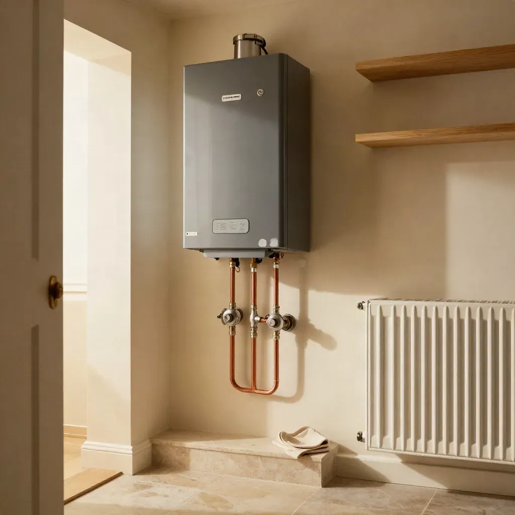 Newly installed combi boiler in a warm utility room with copper pipework and tidy repairs.