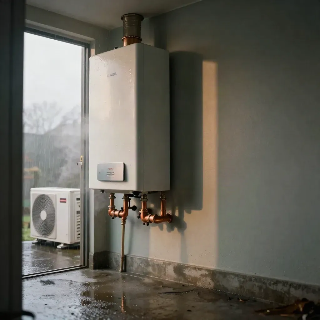 Boiler and copper pipework in a damp utility room, with a heat pump visible through the doorway.