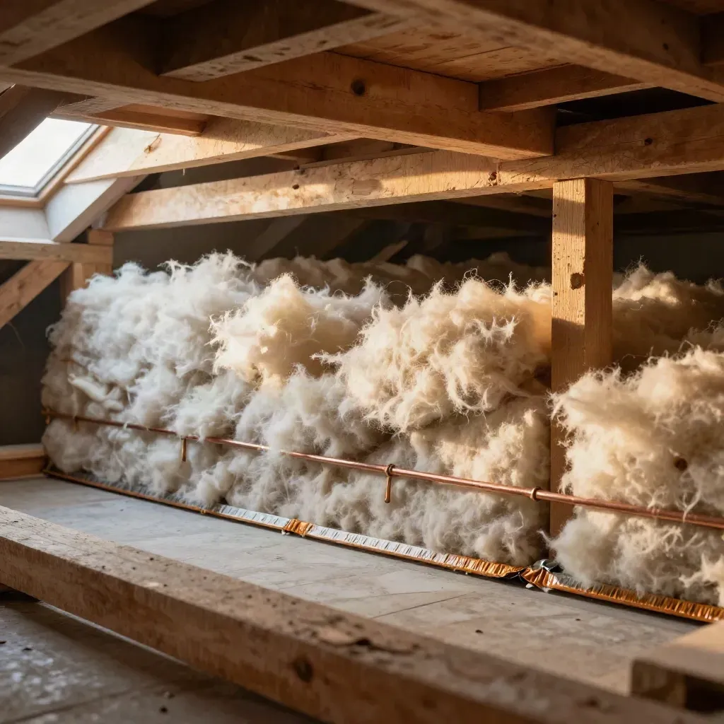 Loft insulation packed between joists with lagged pipes and sealed hatch edges under attic beams.