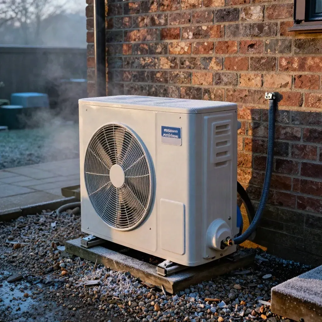 Frosted air-source heat pump on gravel beside a brick wall, shot low in cold morning light.