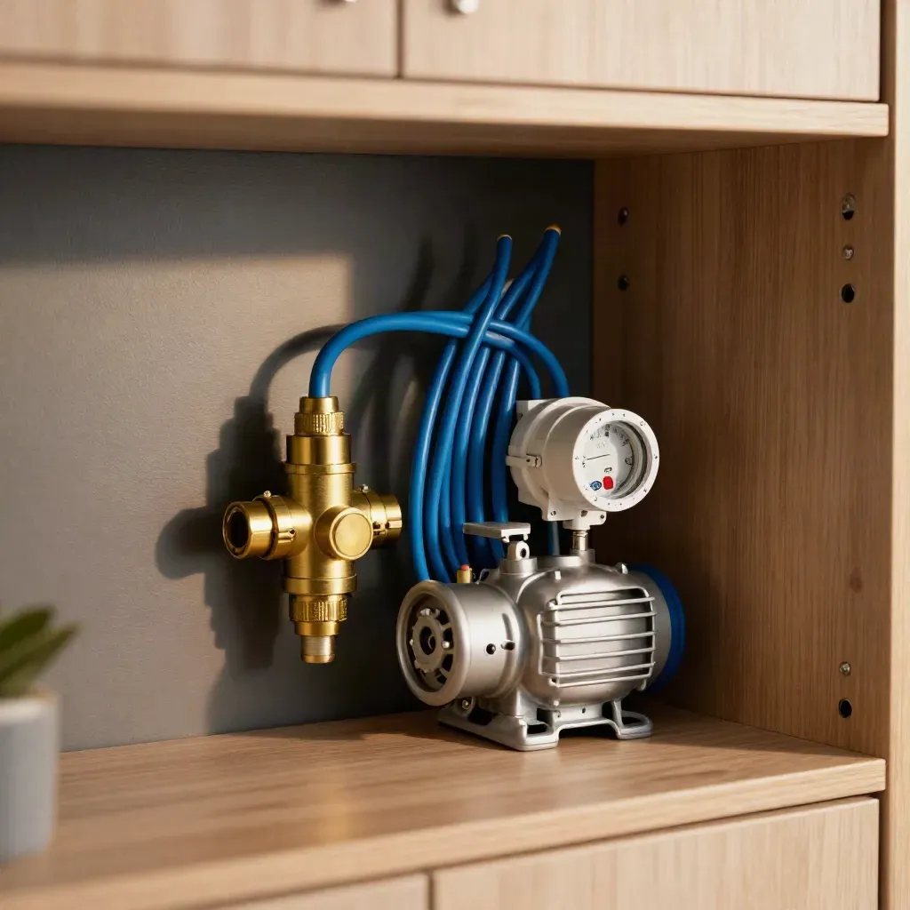 Neat heating controls cluster with zone valve, pump, wiring centre and thermostat receiver in a cupboard