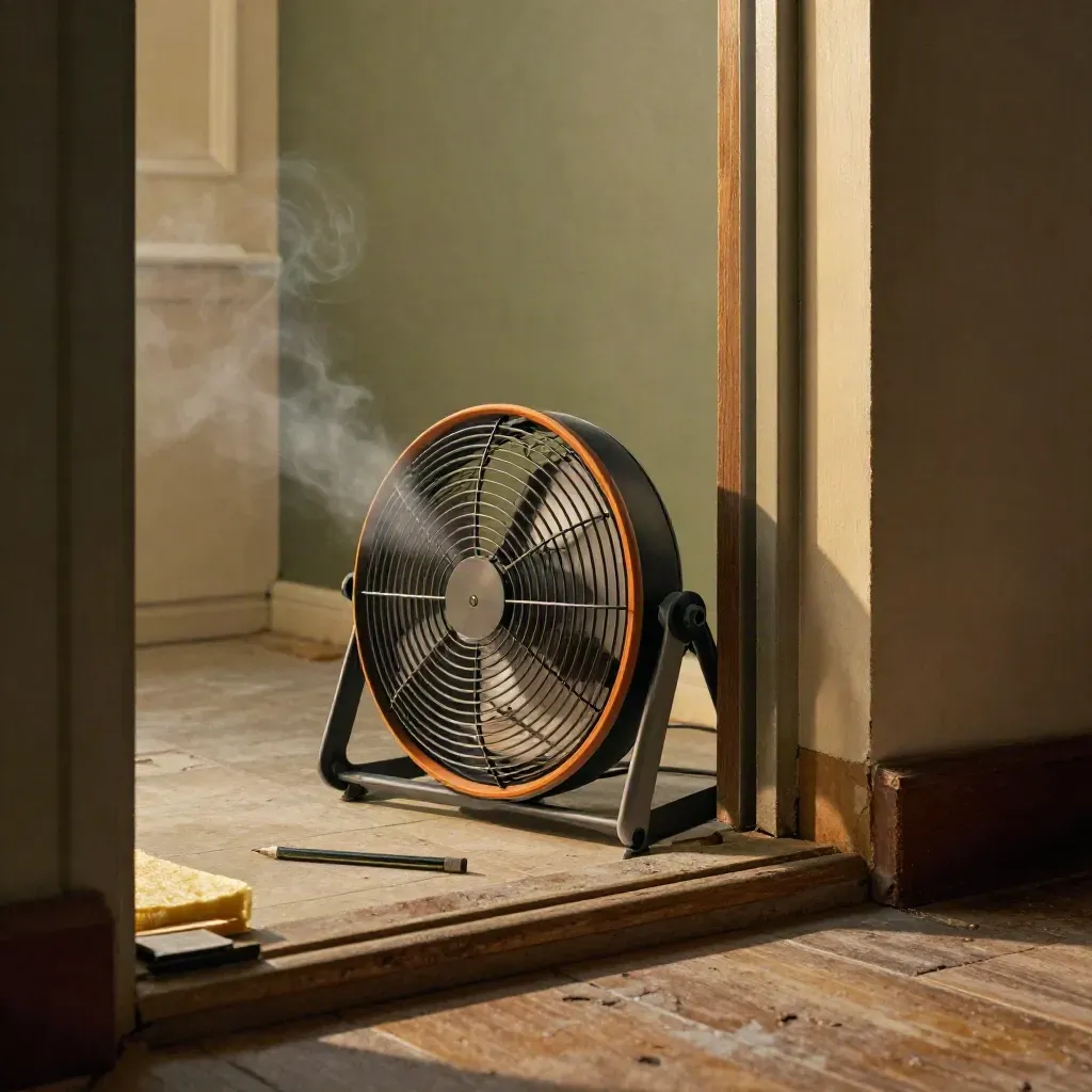 Blower-door fan in a terraced-house doorway with smoke curl, seals, and insulation strips