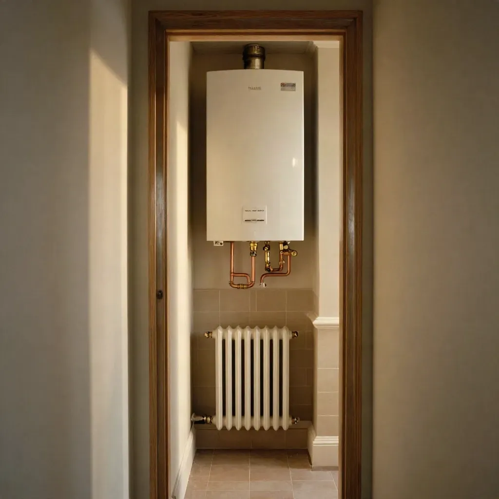 Finished South London boiler swap with copper pipework and a glowing radiator beyond the doorway.