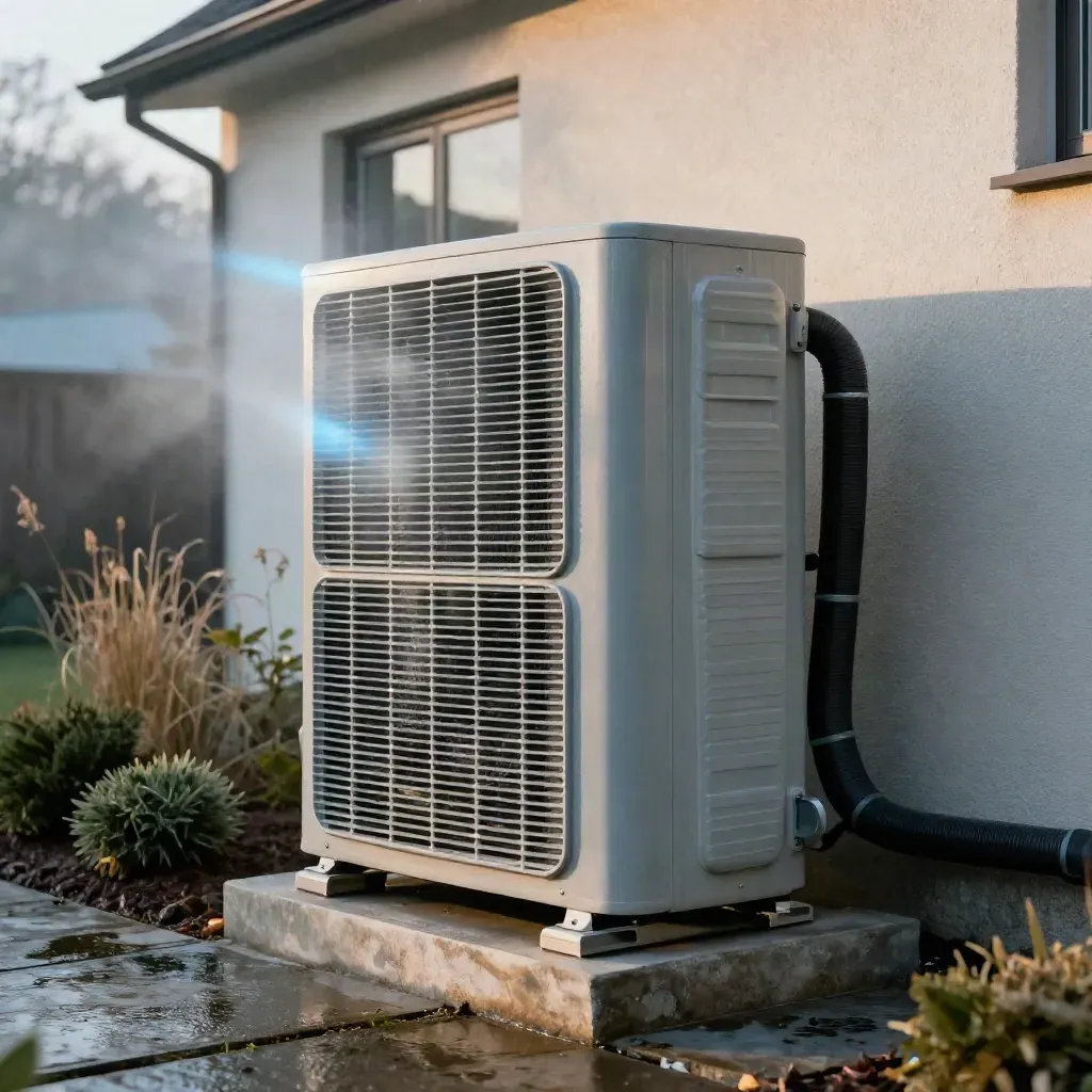 Macro of a commissioned heat pump beside a frost-touched patio and winter planting.