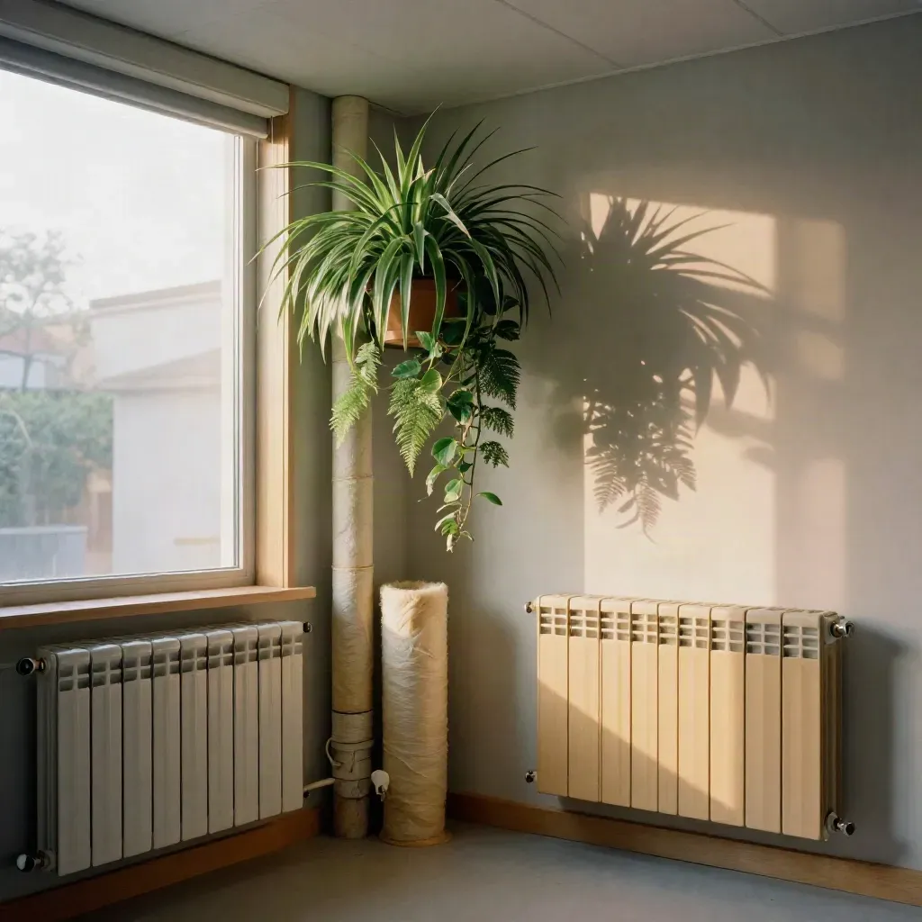 Quiet office plant corner with sealed vents, upgraded pipe lagging, and balanced radiators in warm daylight