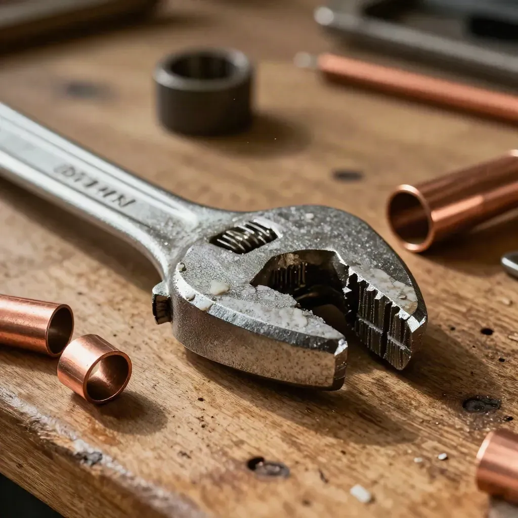 Torque wrench, flaring block, copper offcuts and filter cap on an oiled oak heating bench.