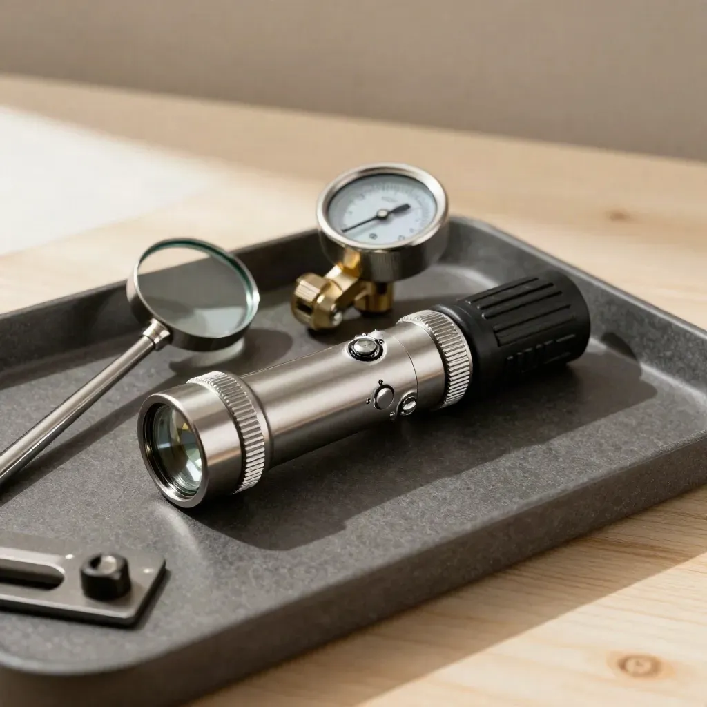 Top-down survey kit with torch, mirror, gauge and door wedge on pale wood.