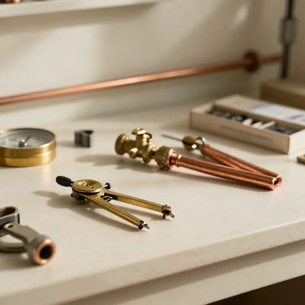 Brass compass with copper fittings and parts box on a creamy plaster service desk