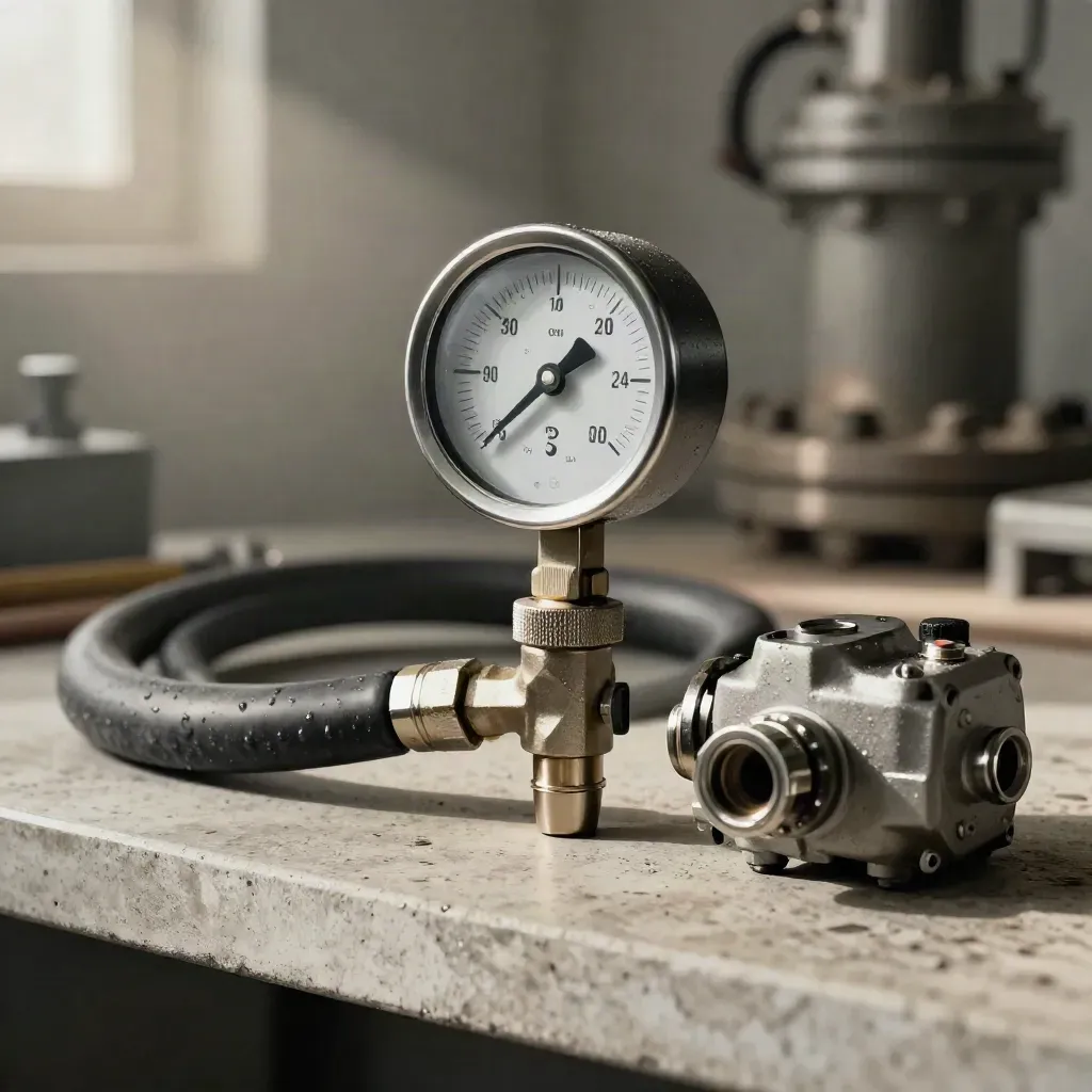 Pressure gauge, purge hose and actuator head on a utility shelf with workshop haze.