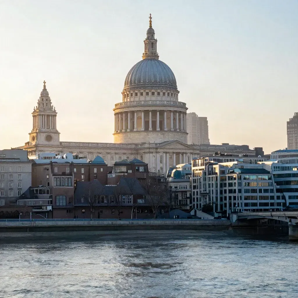 St Paul’s dome above a hazy Thames skyline at sunrise with calm river space below