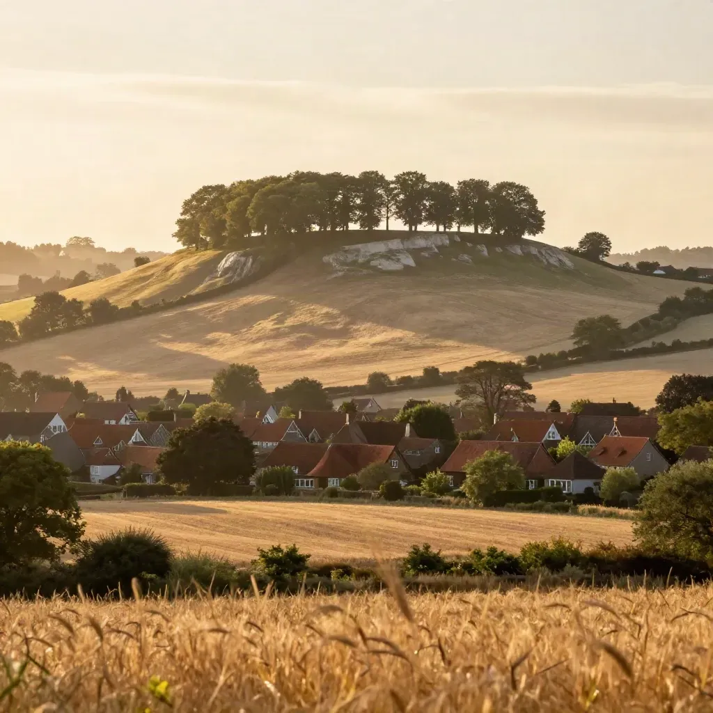 Golden Surrey hills with beech trees, chalk ridge, village roofs, and open fields at sunset.