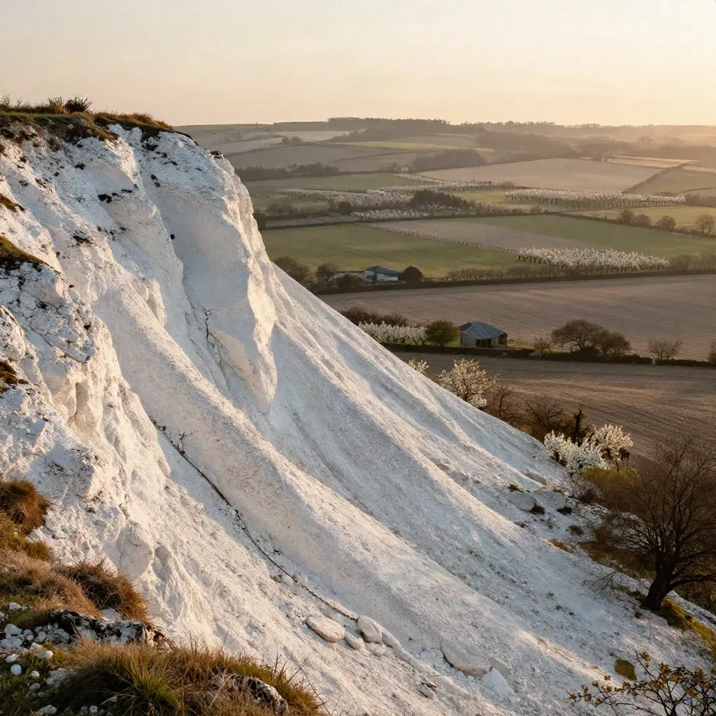 Chalk escarpment above orchards and hop fields fading into hazy evening light in Kent