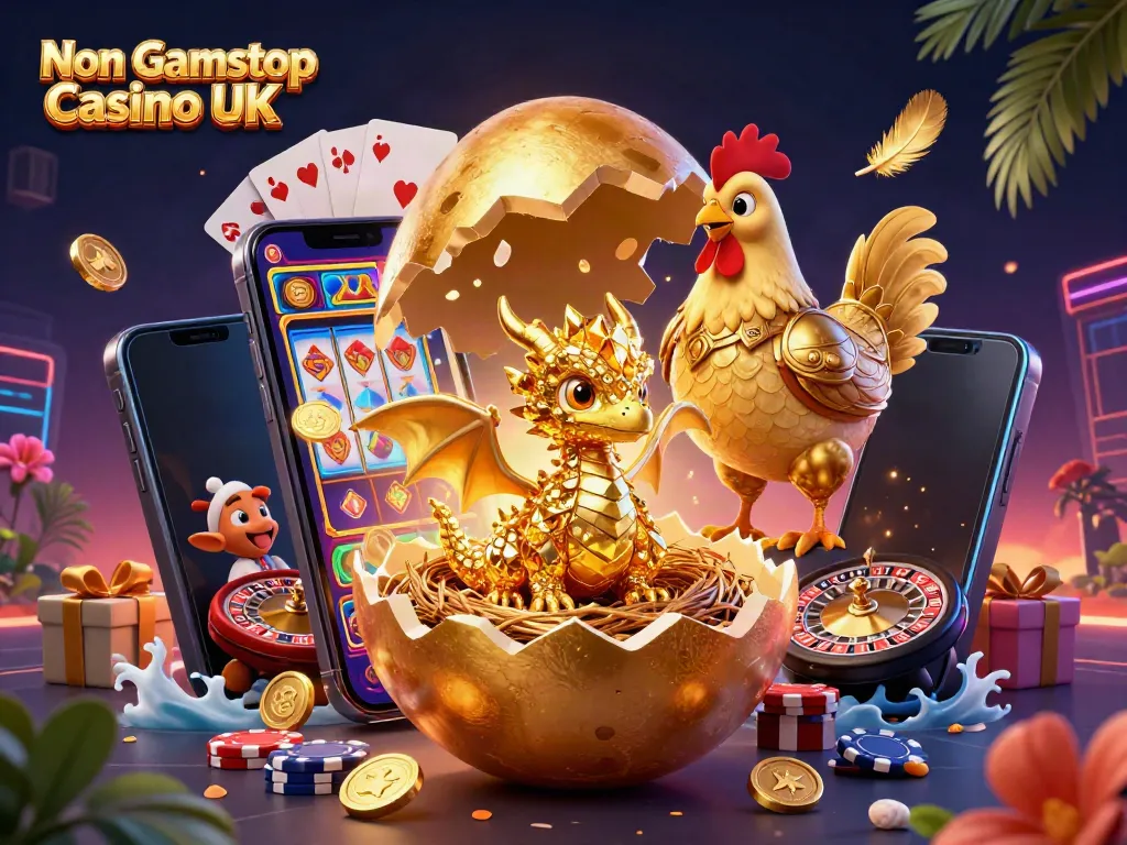 Engage in gaming excitement at Non Gamstop Casino UK with a striking dragon scene amidst poker chips and slot elements.