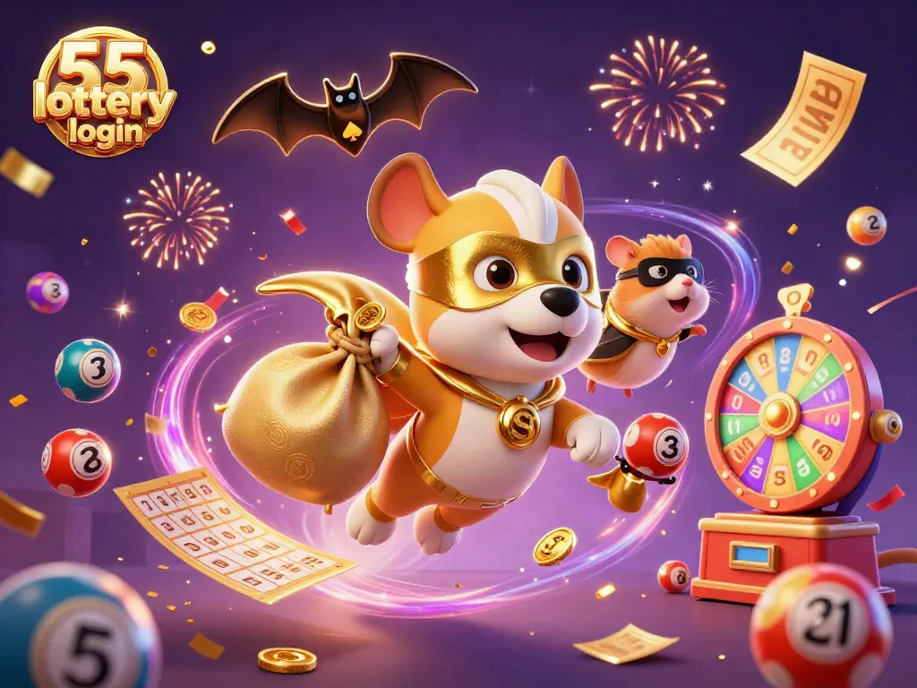 Join the excitement of 55 lottery login with a fun illustration featuring colorful lottery elements and a superhero theme.
