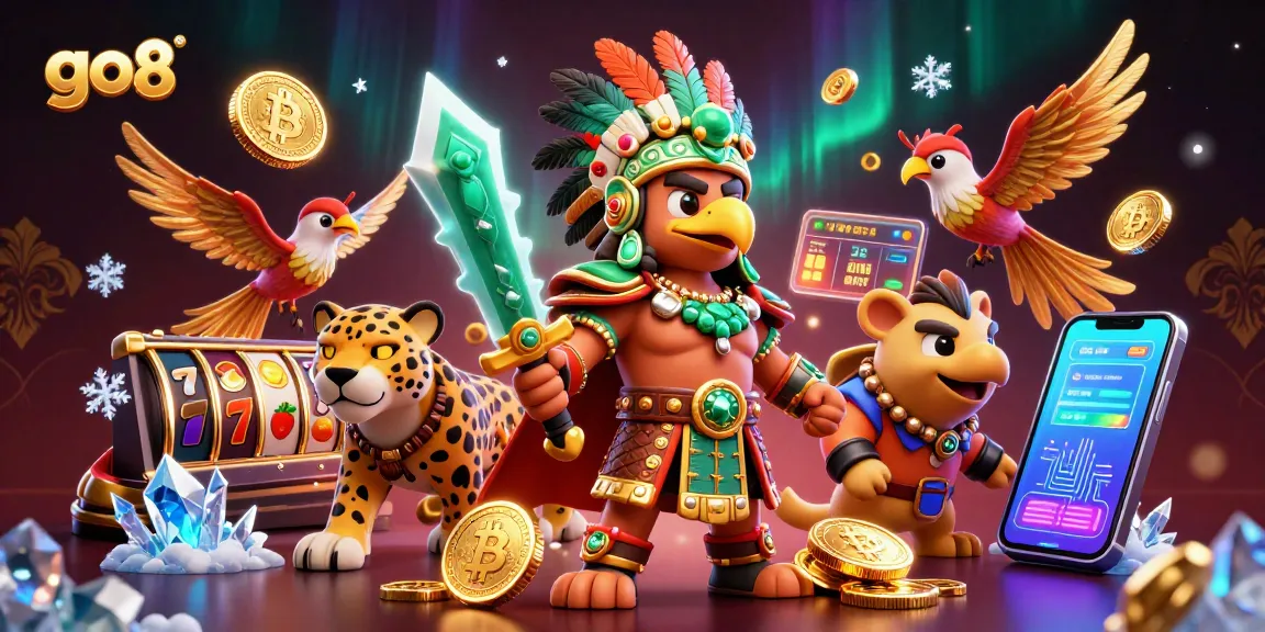 Engage with go8's vibrant casino world featuring Aztec warriors amid slot symbols and crypto elements.