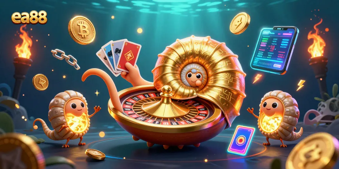 Engage with ea88's vibrant casino scene featuring a giant nautilus roulette wheel and crypto elements.