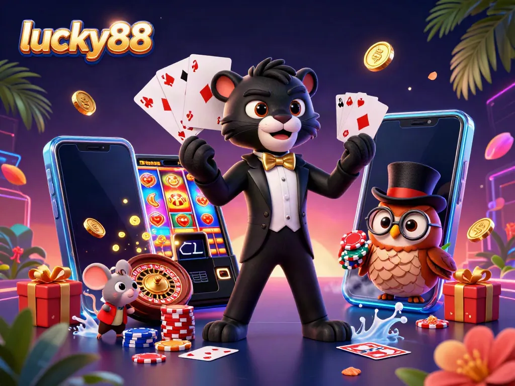 Join the fun at lucky88 with stylish characters dealing cards, vibrant game elements, and an engaging atmosphere.