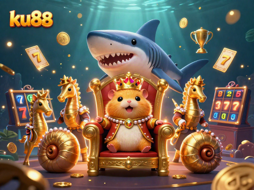 Experience the exciting world of ku88 casino gaming with a vibrant illustration of a golden hamster king and dynamic slot elements.