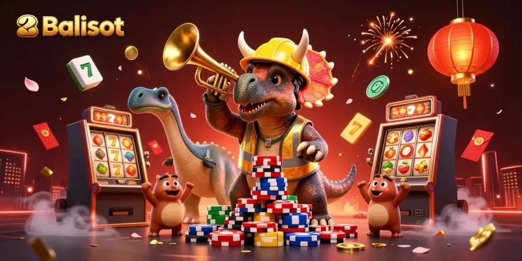 Engage in thrilling casino action with Balislot illustrated through dynamic characters and vibrant game elements.