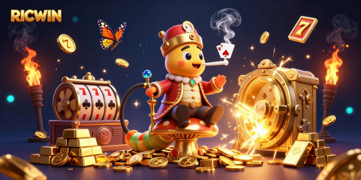 Win big with RICWIN in this vibrant 3D casino scene featuring a hookah-master and slot machines.