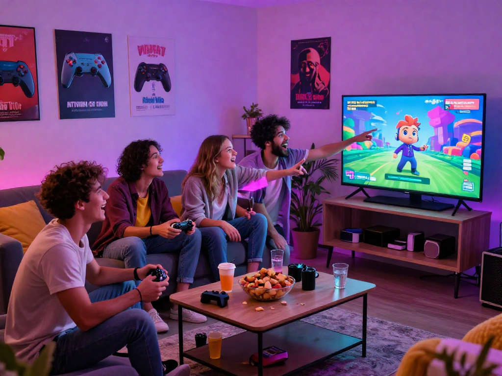 Group of friends enjoying an interactive html porn game session in a vibrant living room.