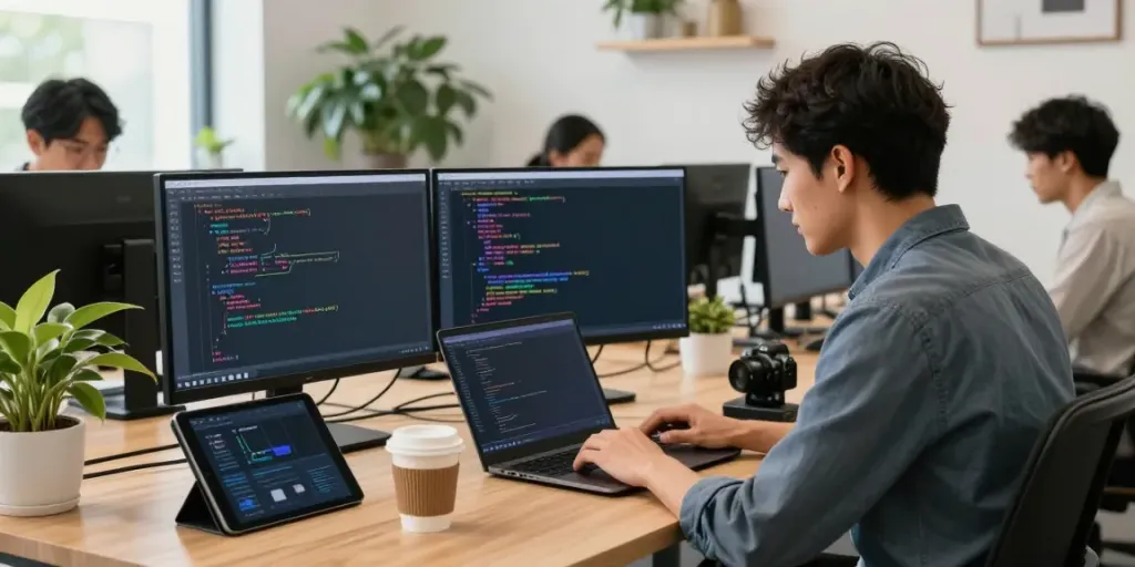 Dynamic tech workspace where you can click this site to learn coding techniques.