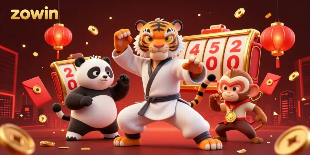 Zowin’s exciting slot play scene showcases a kung fu tiger master and panda disciple amid gold coins and lit lanterns.