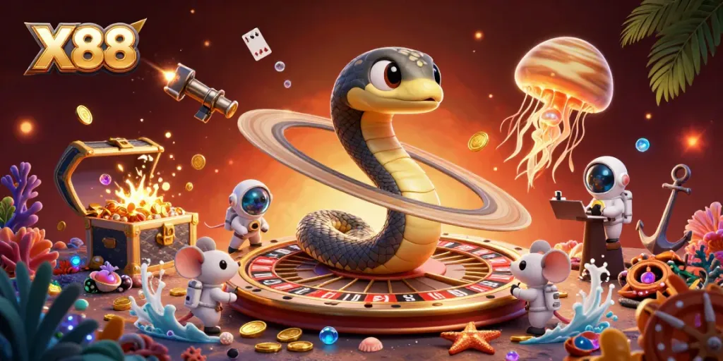 X88 offers an engaging online casino experience as tiny astronaut mice bet on the roulette wheel of a cosmic snake in this vibrant illustration.