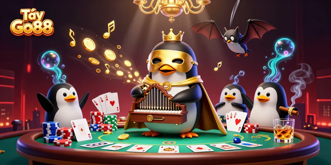 Engage in the thrilling experience of Tải Go88 as a 3D phantom penguin plays organ, surrounded by poker thrills.
