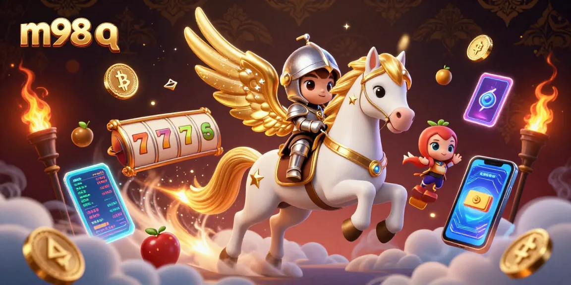 Engage with m98 q in a vibrant casino world featuring cartoon characters and slot elements.