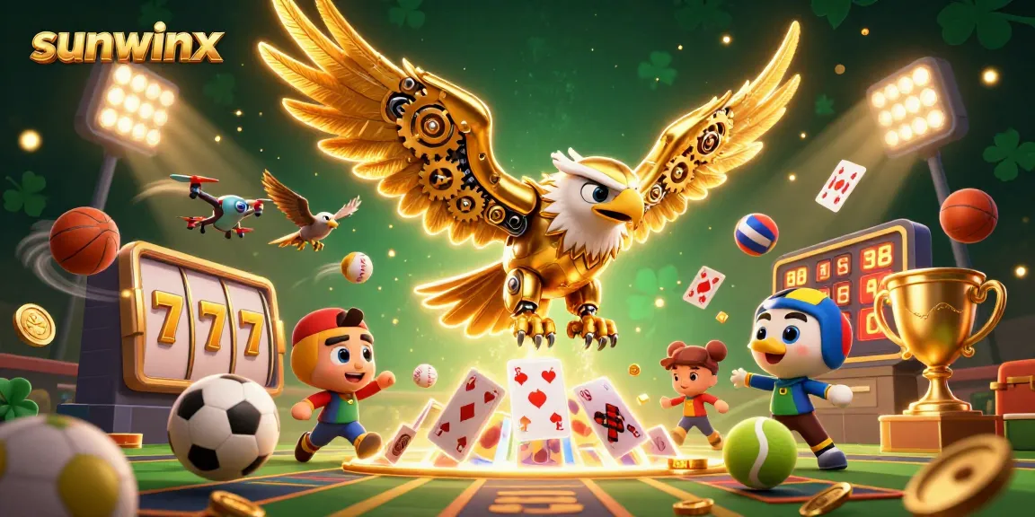 Experience the thrill with sunwinx in this dynamic 3D casino illustration featuring golden eagle and gaming elements.